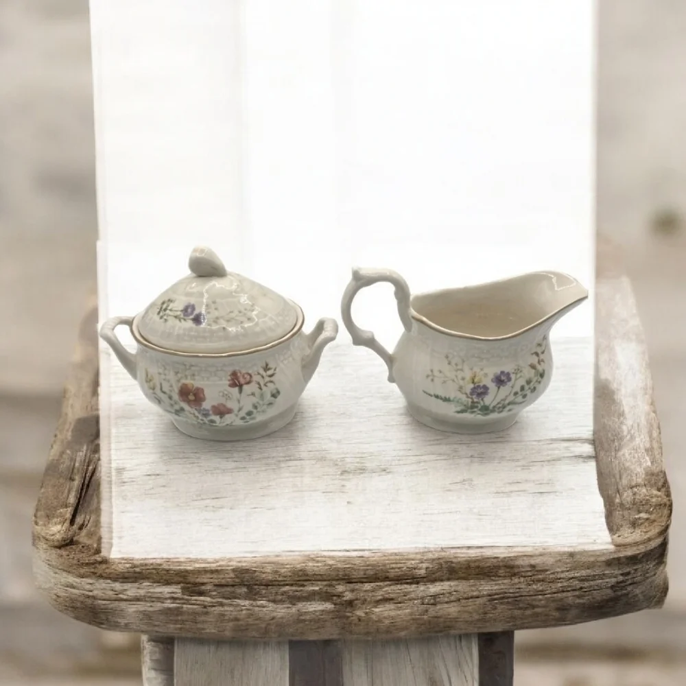 Mikasa Margaux sugar bowl creamer set D1006 Wildflowers Floral Ivory White Weave